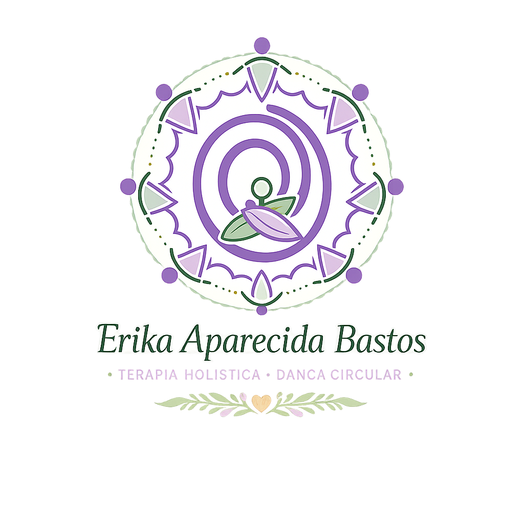Mandala em lilás e verde com figuras em roda. Erika Aparecida Bastos — Terapia Holística · Dança Circular.